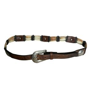 Vintage Tony Lama Bone Pipe, Bead, Conchos, Brown Leather Belt Silver Buckle
